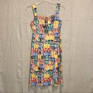 VTG Folk Textile Print Patchwork Dress with Lace Up Bodice Multicolor